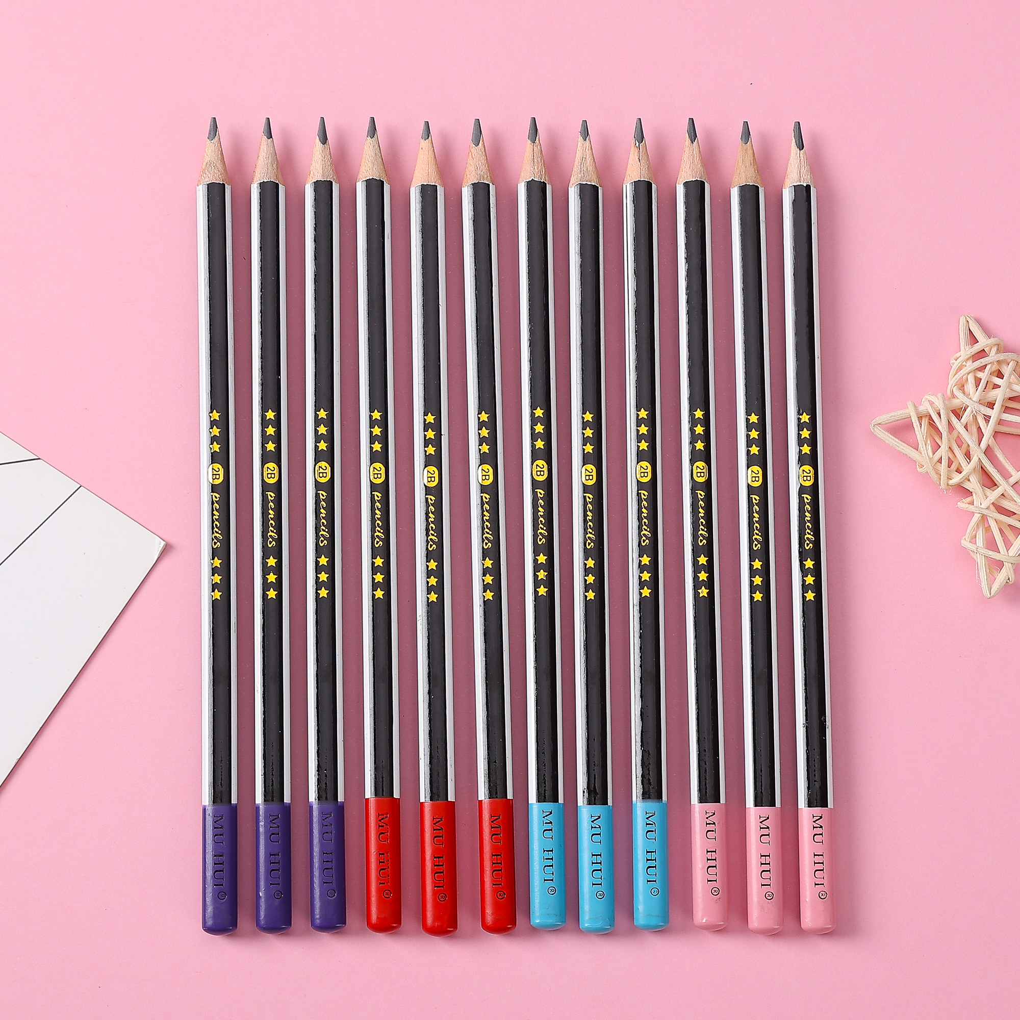 Muhui Black 2B Triangle Pole Poplar Drawstring Pencil 12 Paper Boxes