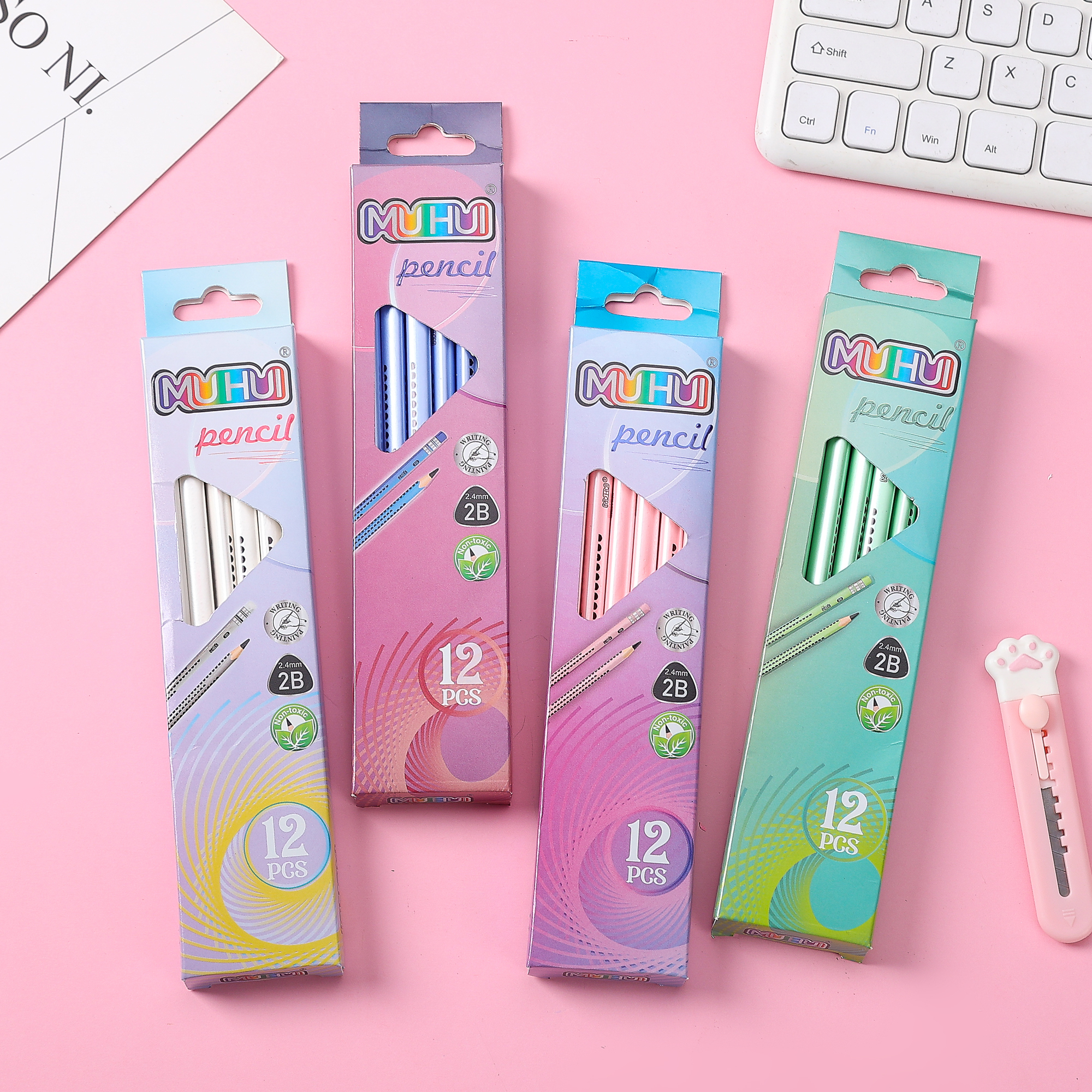 New Muhui 2B triangular pole softened wood pearl leather pencil with 12 pencils in a paper box