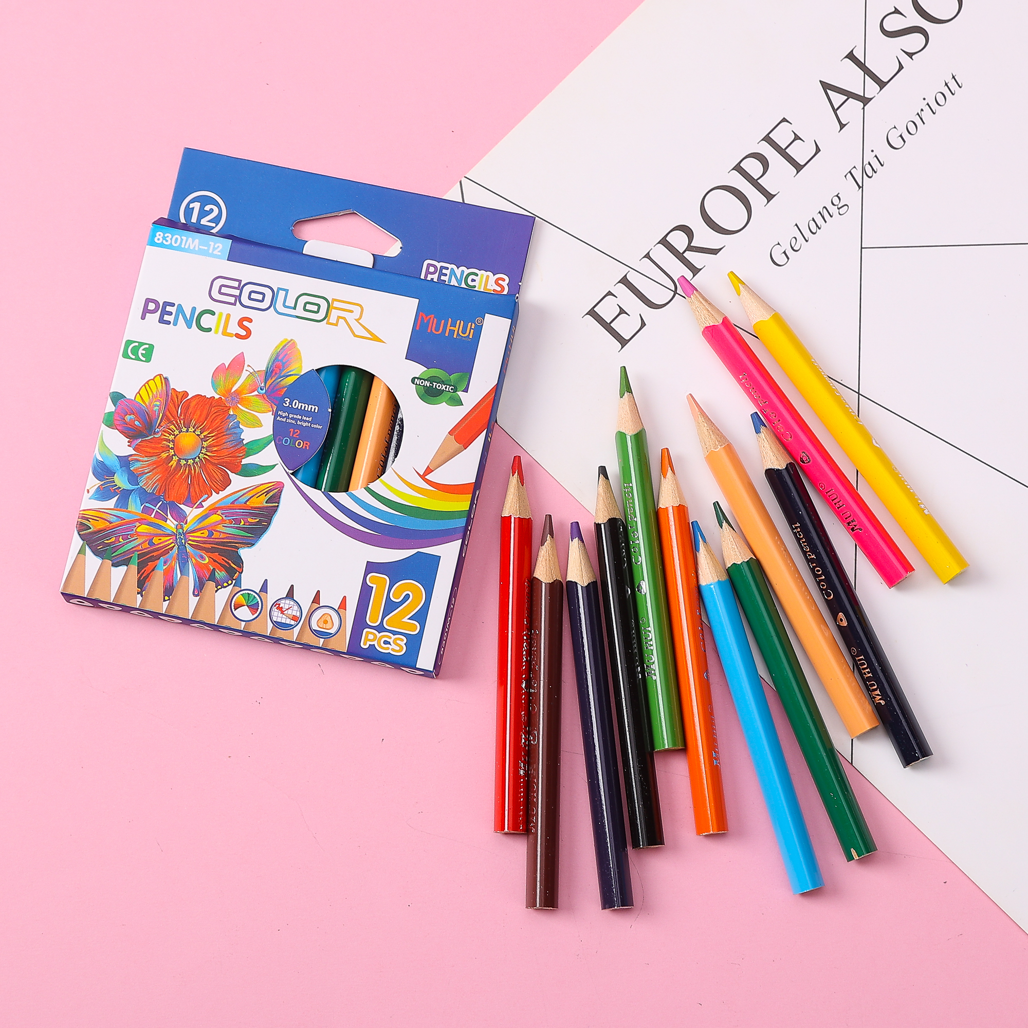 Muhui 12 color hexagonal pole softened wood premium core 3.5-inch children's writing and painting color lead cartoon box packaging