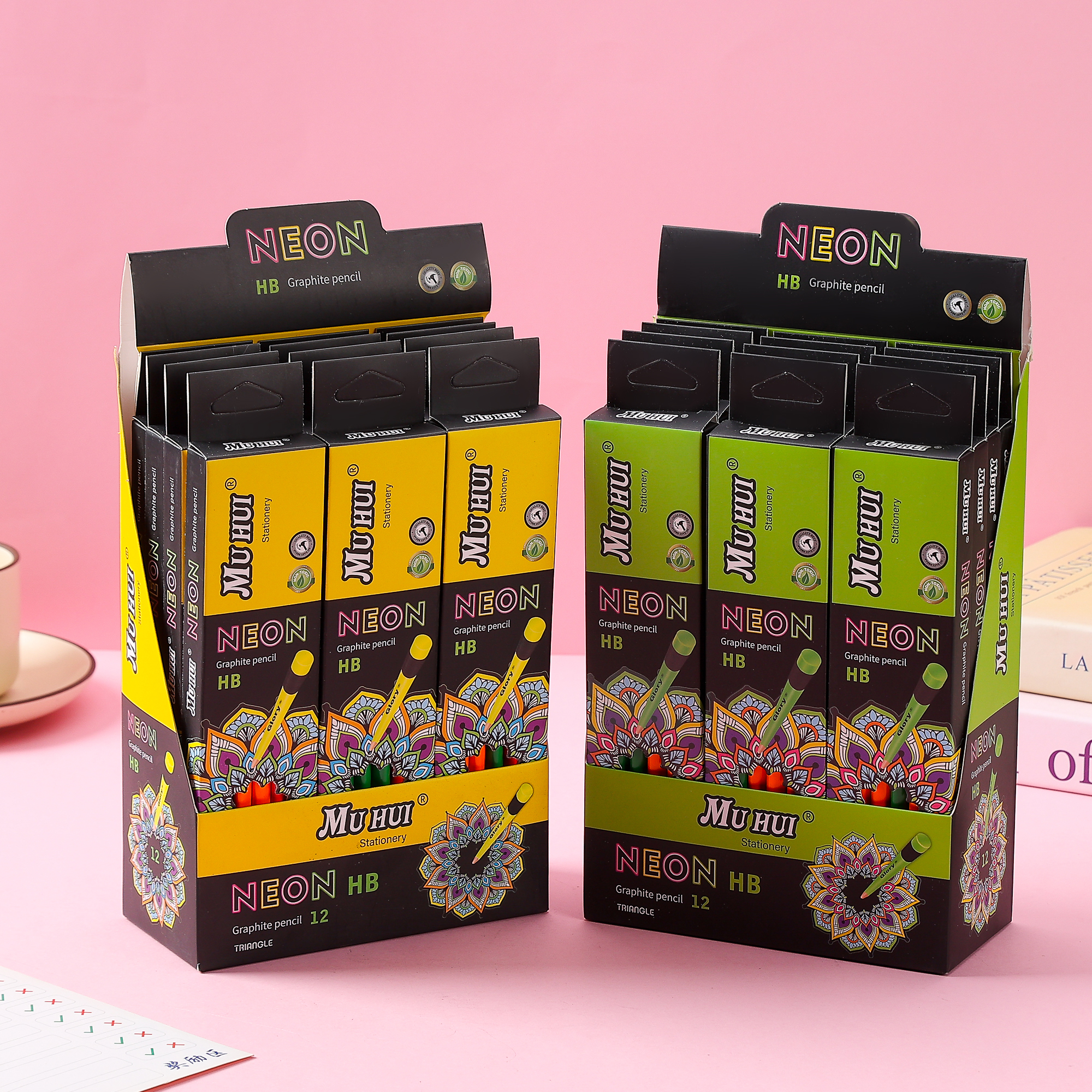 Muhui HB Triangle Pole Poplar Fluorescent Leather Head Pencil 12 Paper Boxes