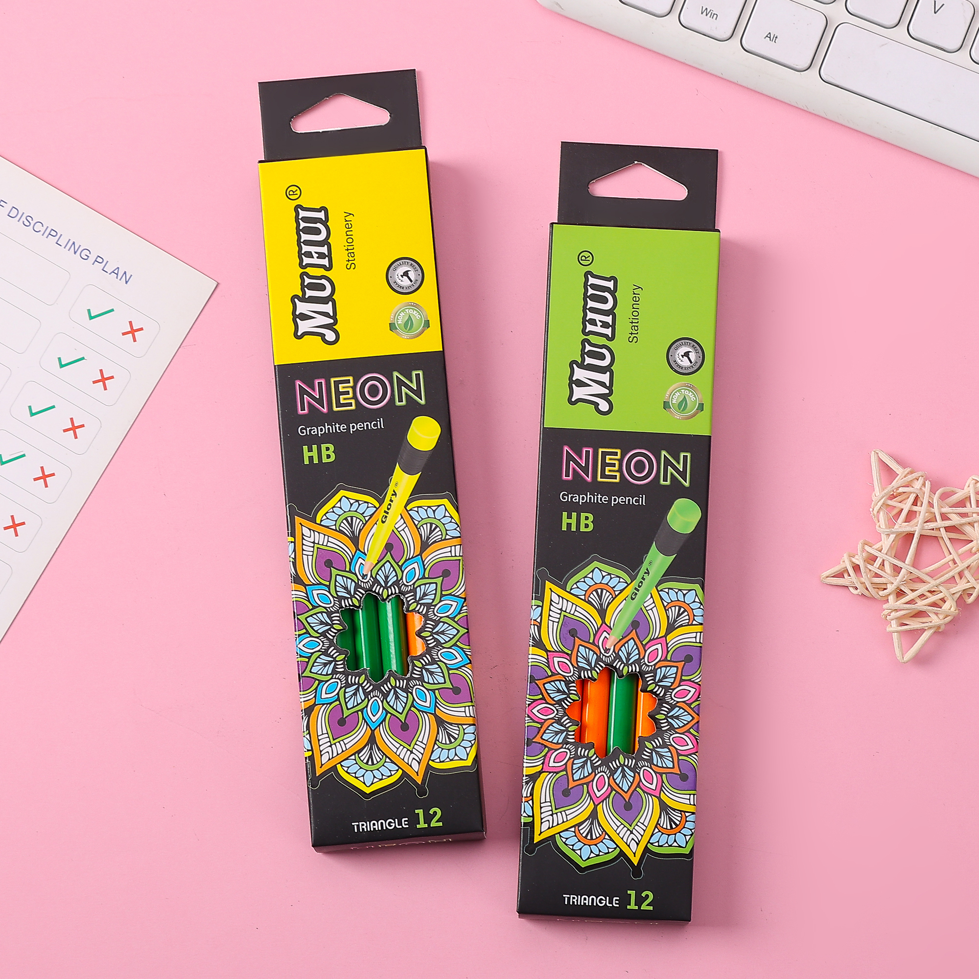 Muhui HB Triangle Pole Poplar Fluorescent Leather Head Pencil 12 Paper Boxes