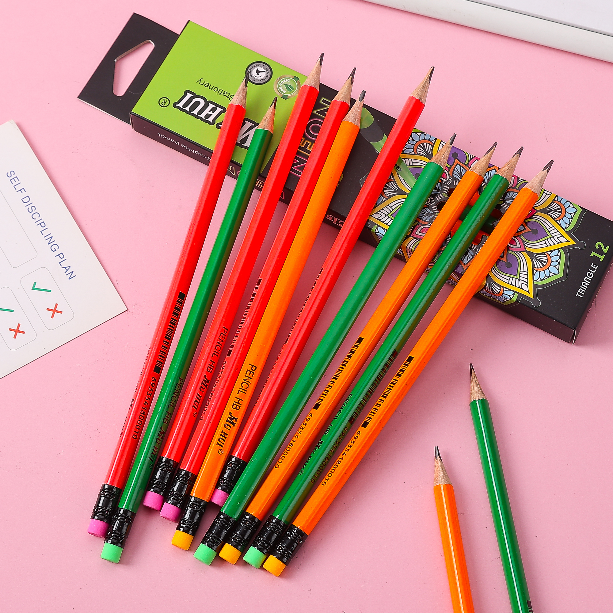 Muhui HB Triangle Pole Poplar Fluorescent Leather Head Pencil 12 Paper Boxes