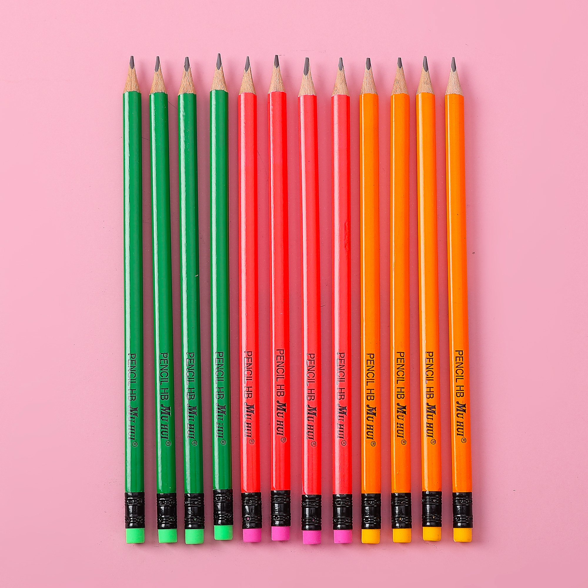Muhui HB Triangle Pole Poplar Fluorescent Leather Head Pencil 12 Paper Boxes