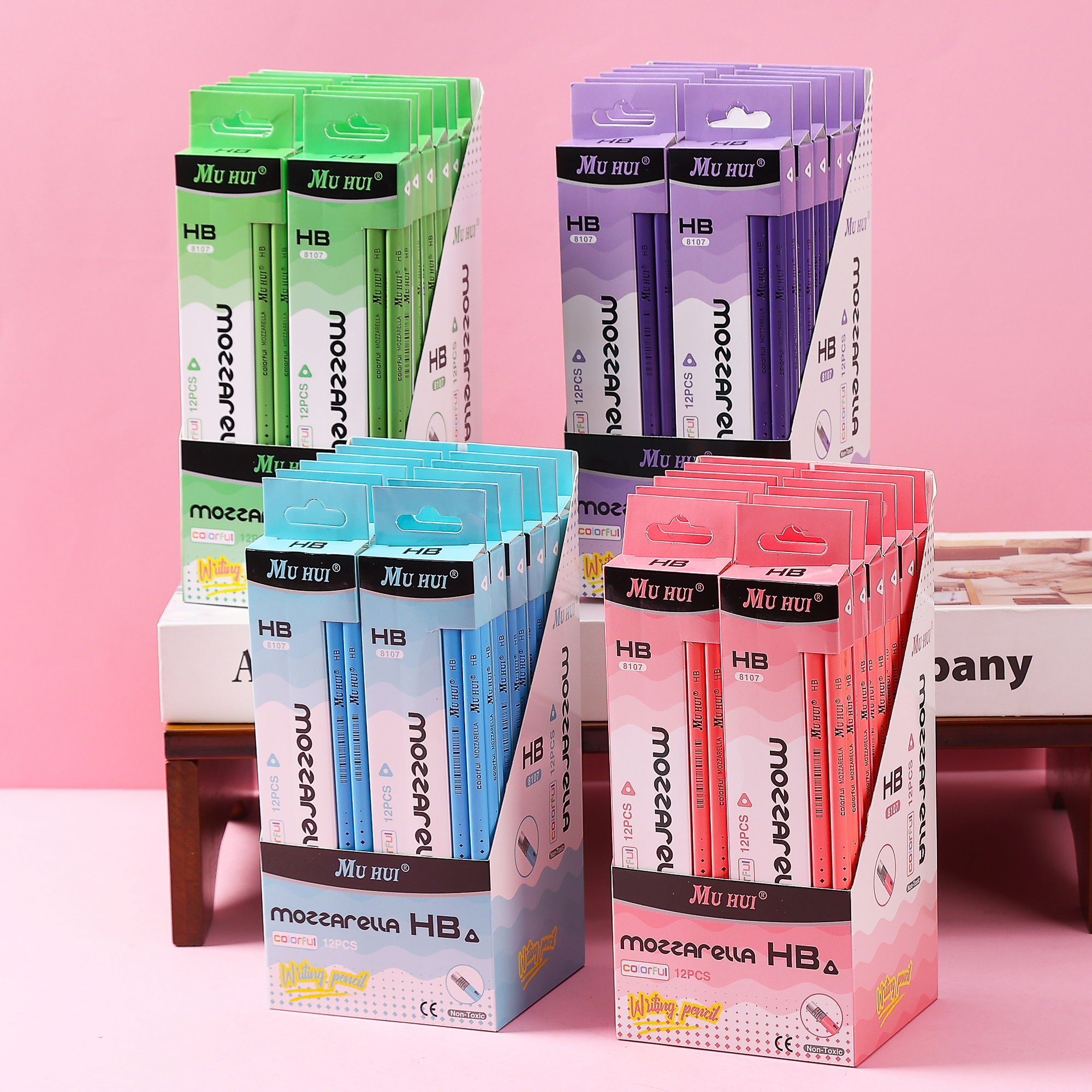 Lápiz de punta de madera suavizada con varilla triangular Muhui HB, caja de papel de 12 unidades