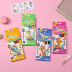 Caja de madera de álamo hexagonal de 12 colores Muhui para escribir y pintar para niños con cuatro colores de dinosaurios de dibujos animados