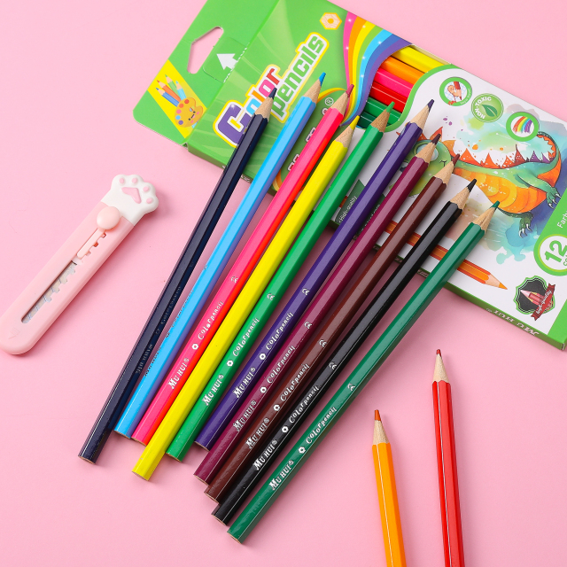 Caja de madera de álamo hexagonal de 12 colores Muhui para escribir y pintar para niños con cuatro colores de dinosaurios de dibujos animados