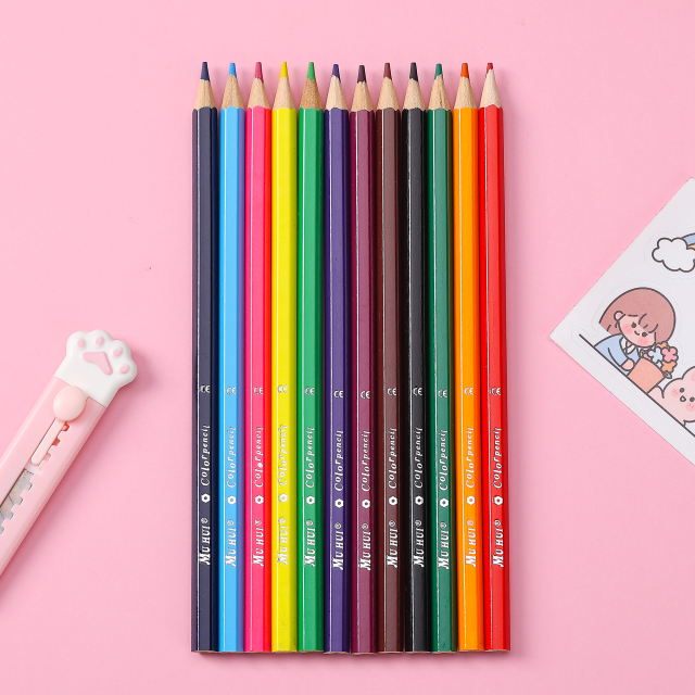 Caja de madera de álamo hexagonal de 12 colores Muhui para escribir y pintar para niños con cuatro colores de dinosaurios de dibujos animados