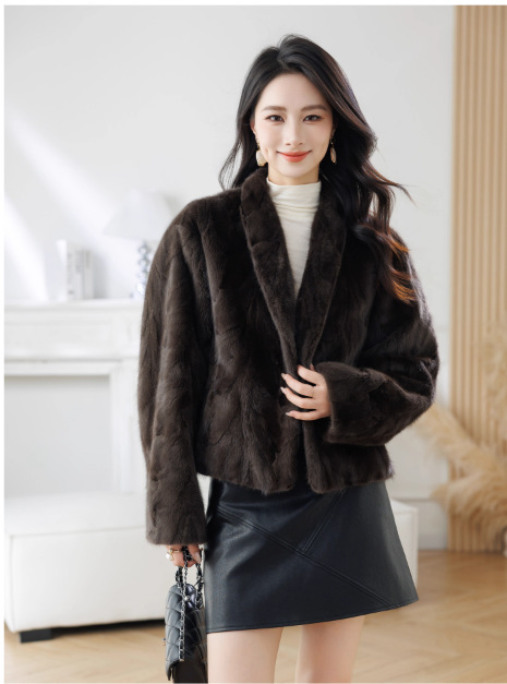 New short-style waterfowl fur coat with a casual small collar and a faux waterfowl fur patch. Women's waterfowl fur coat.