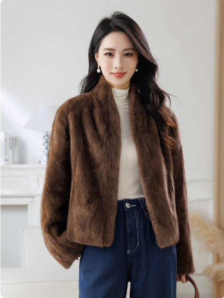 New short-style waterfowl fur coat with a casual small collar and a faux waterfowl fur patch. Women's waterfowl fur coat.