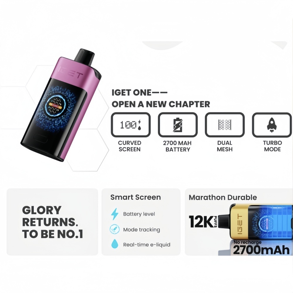 FAST AUS SHIPPING|IGET ONE 12,000 Puffs Disposable Vape- 270O mAh Smart LED, Dual-Mesh Coils, Turbo Mode|Australian local Warehouse