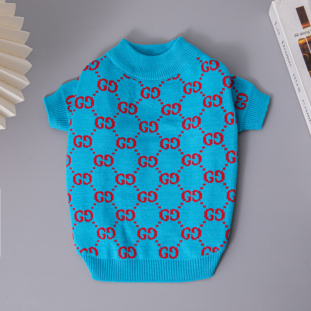 Vibrant Blue-Red Double-G Pattern Knitted Short-Sleeve Pet Sweater