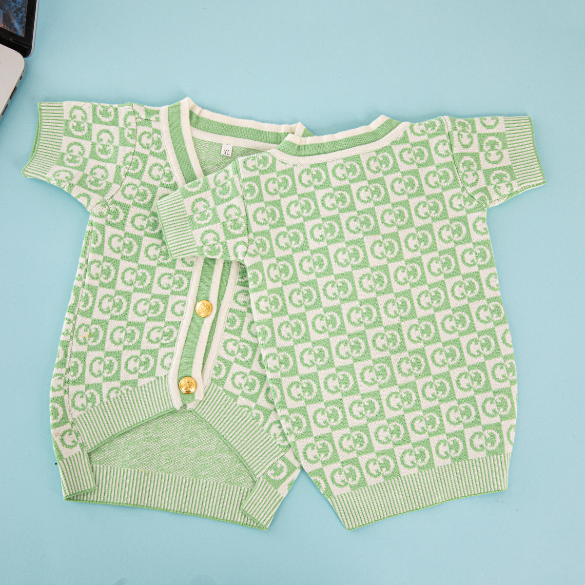 Mint Green GG Checkered Pet Cardigan