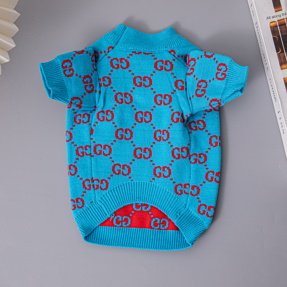 Vibrant Blue-Red Double-G Pattern Knitted Short-Sleeve Pet Sweater