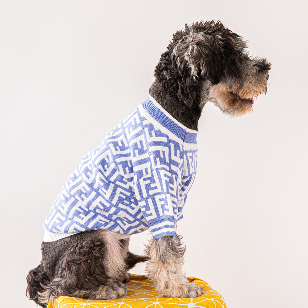 Stylish Blue and White FF Pattern Knitted Pet Sweater for Dogs