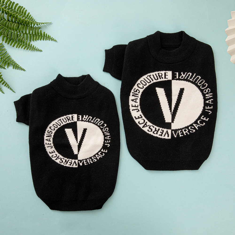 Versace-Inspired Black VV Knit Pet Sweater with Logo Detail