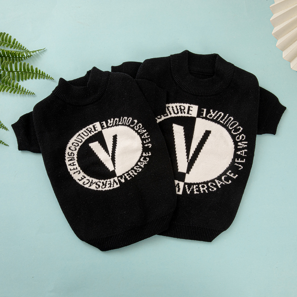 Versace-Inspired Black VV Knit Pet Sweater with Logo Detail