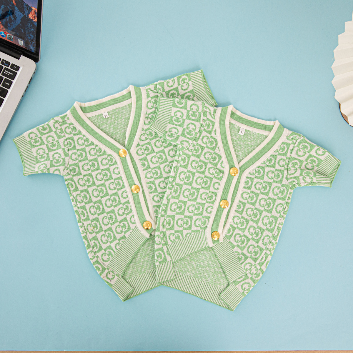 Mint Green GG Checkered Pet Cardigan