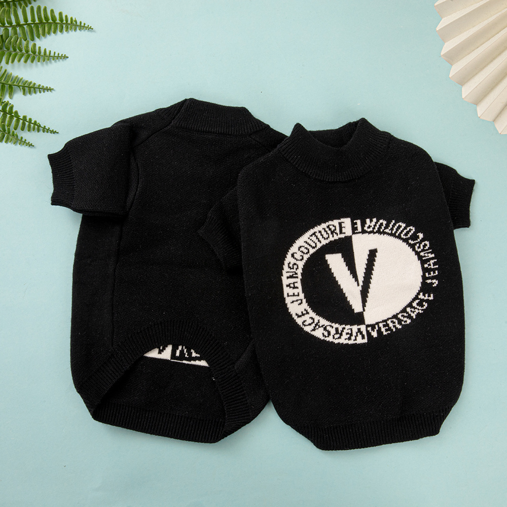 Versace-Inspired Black VV Knit Pet Sweater with Logo Detail