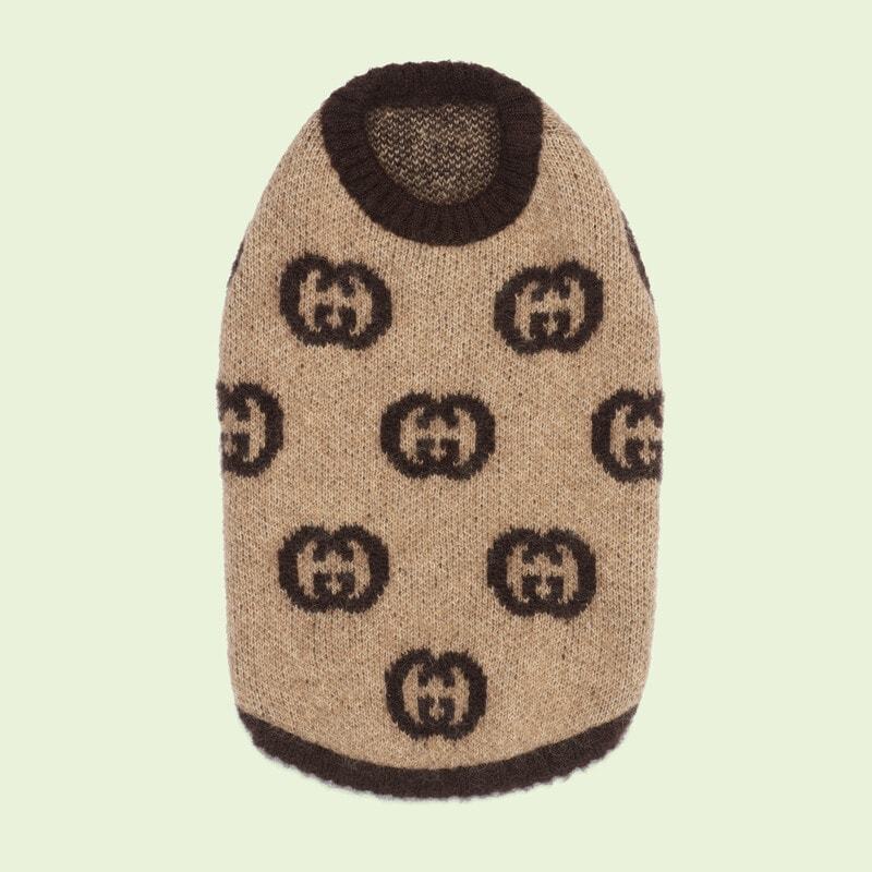 Beige-Brown Brand-Patterned Knitted Pet Sweater with Classic Double-G Design