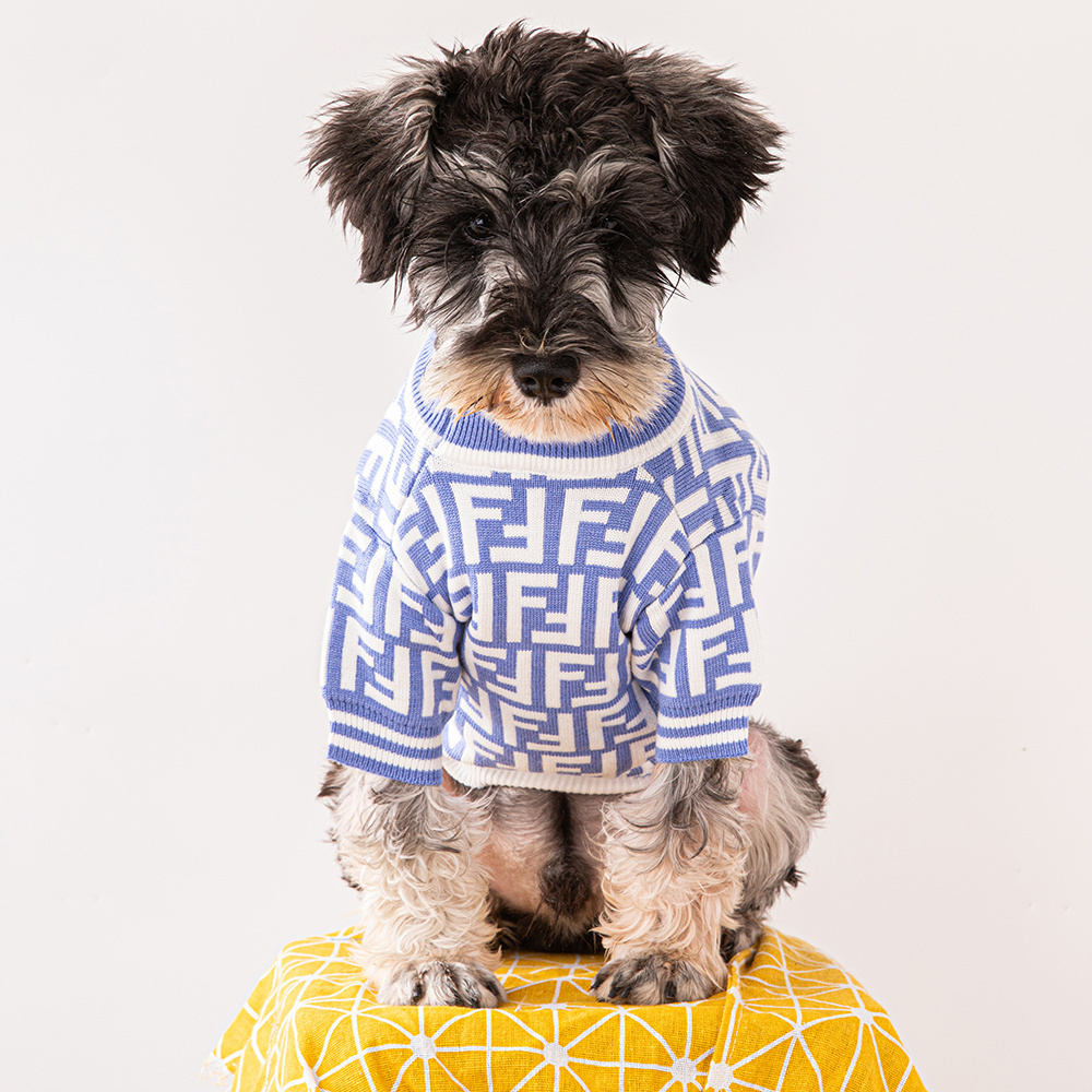 Stylish Blue and White FF Pattern Knitted Pet Sweater for Dogs