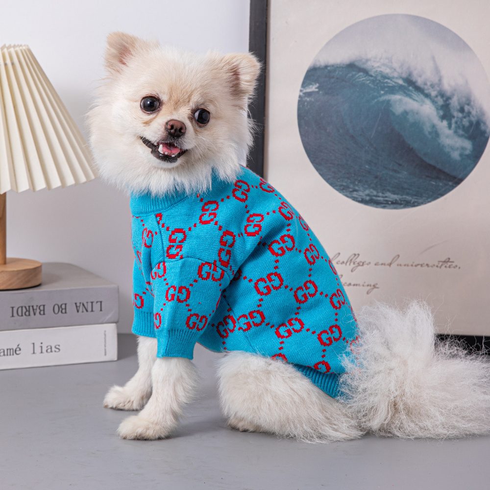 Vibrant Blue-Red Double-G Pattern Knitted Short-Sleeve Pet Sweater