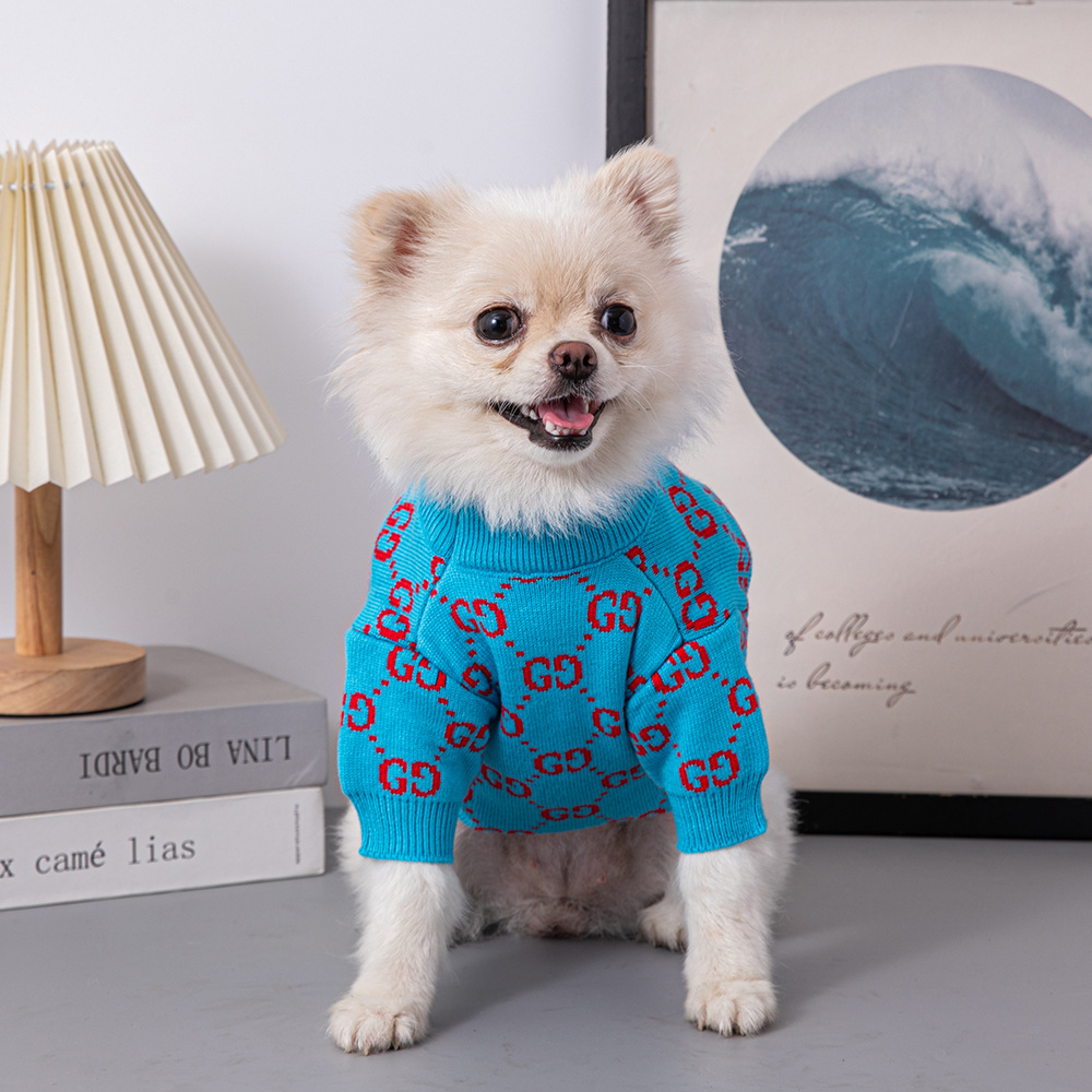 Vibrant Blue-Red Double-G Pattern Knitted Short-Sleeve Pet Sweater
