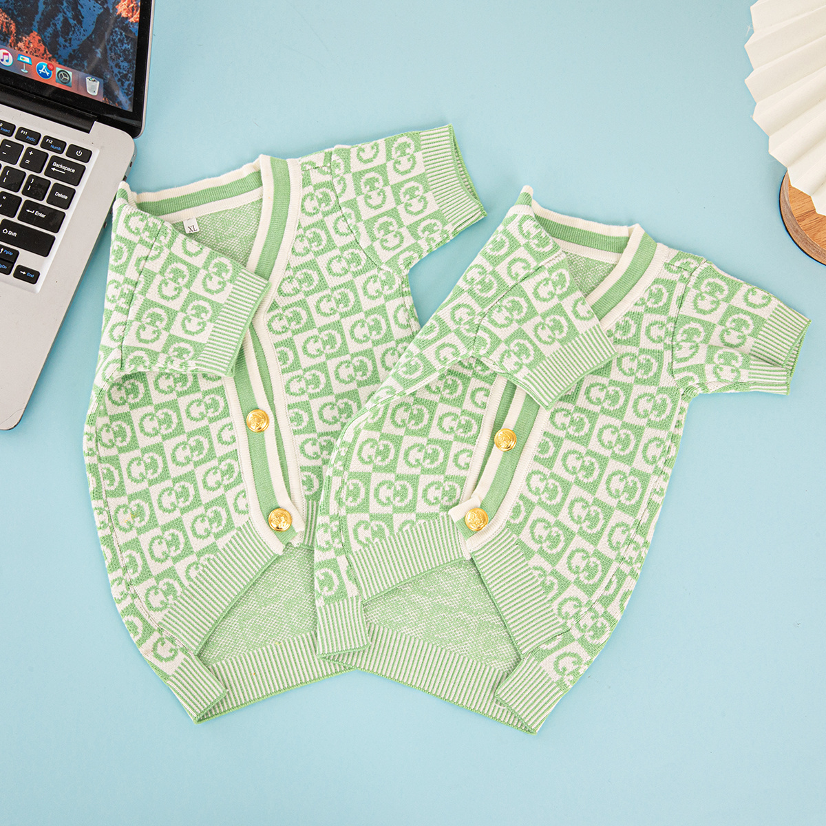 Mint Green GG Checkered Pet Cardigan