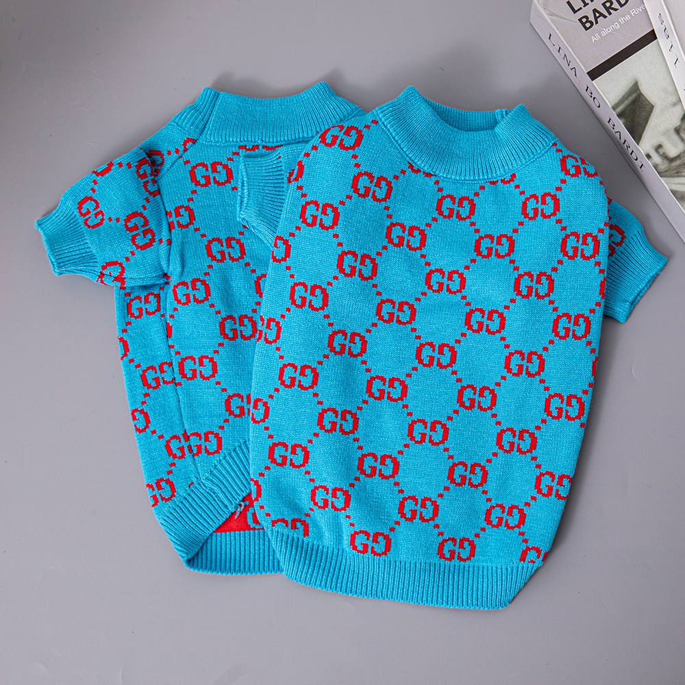 Vibrant Blue-Red Double-G Pattern Knitted Short-Sleeve Pet Sweater