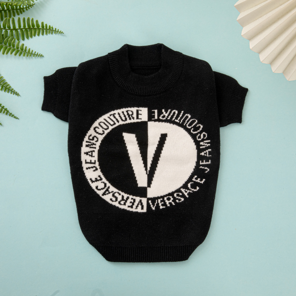 Versace-Inspired Black VV Knit Pet Sweater with Logo Detail