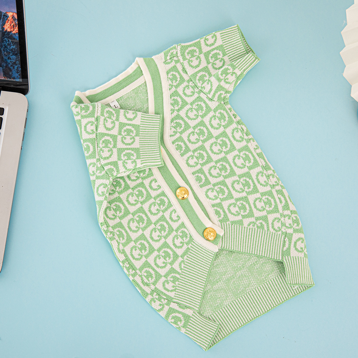 Mint Green GG Checkered Pet Cardigan