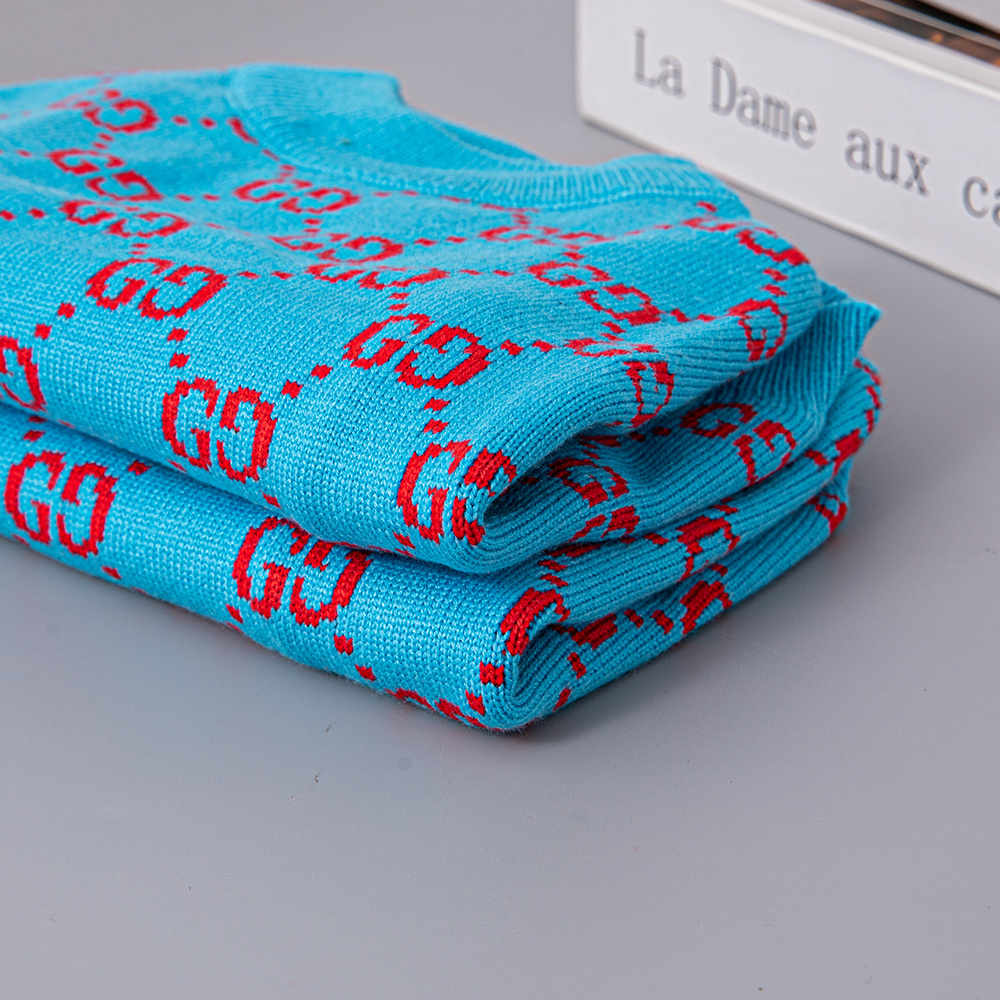 Vibrant Blue-Red Double-G Pattern Knitted Short-Sleeve Pet Sweater