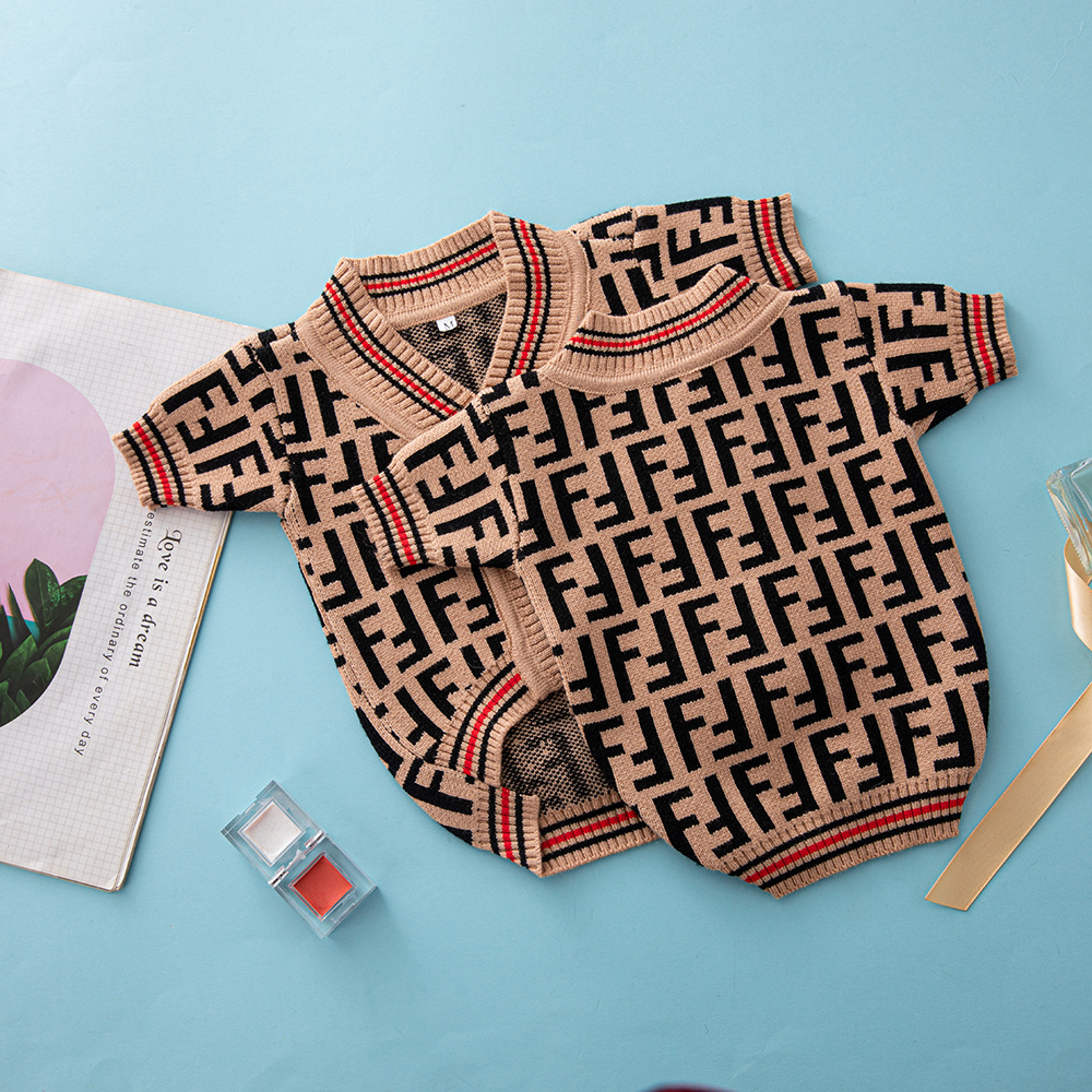 Luxury Monogram Pattern FFndi Knit Pet Sweaters in Brown-Black with Red Accents