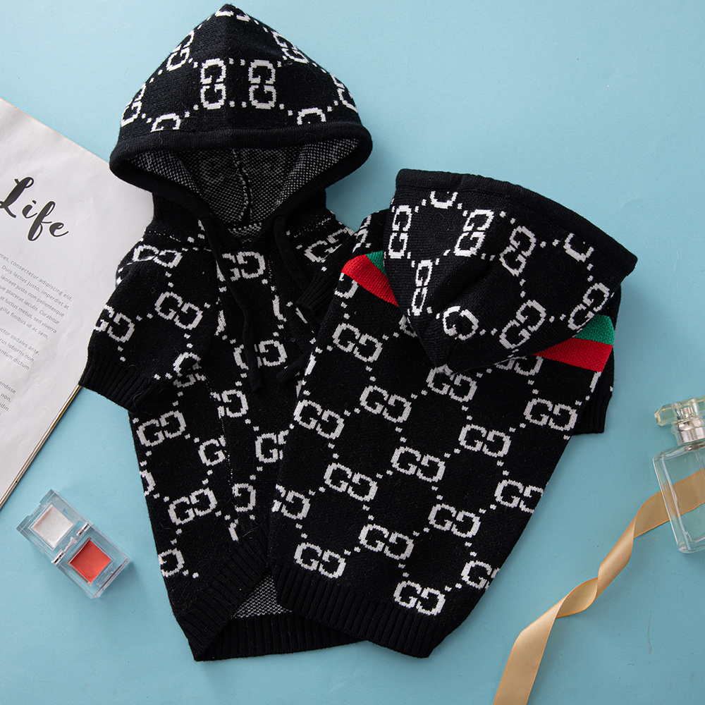 Luxury Monogram GGcci Hooded Knit Pet Sweaters in Black-White and Khaki-Black