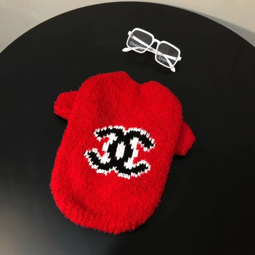 Plush Logo-Embroidered CCANEL Pet Sweaters in Pink-Red, Navy-Red, and Red-Black