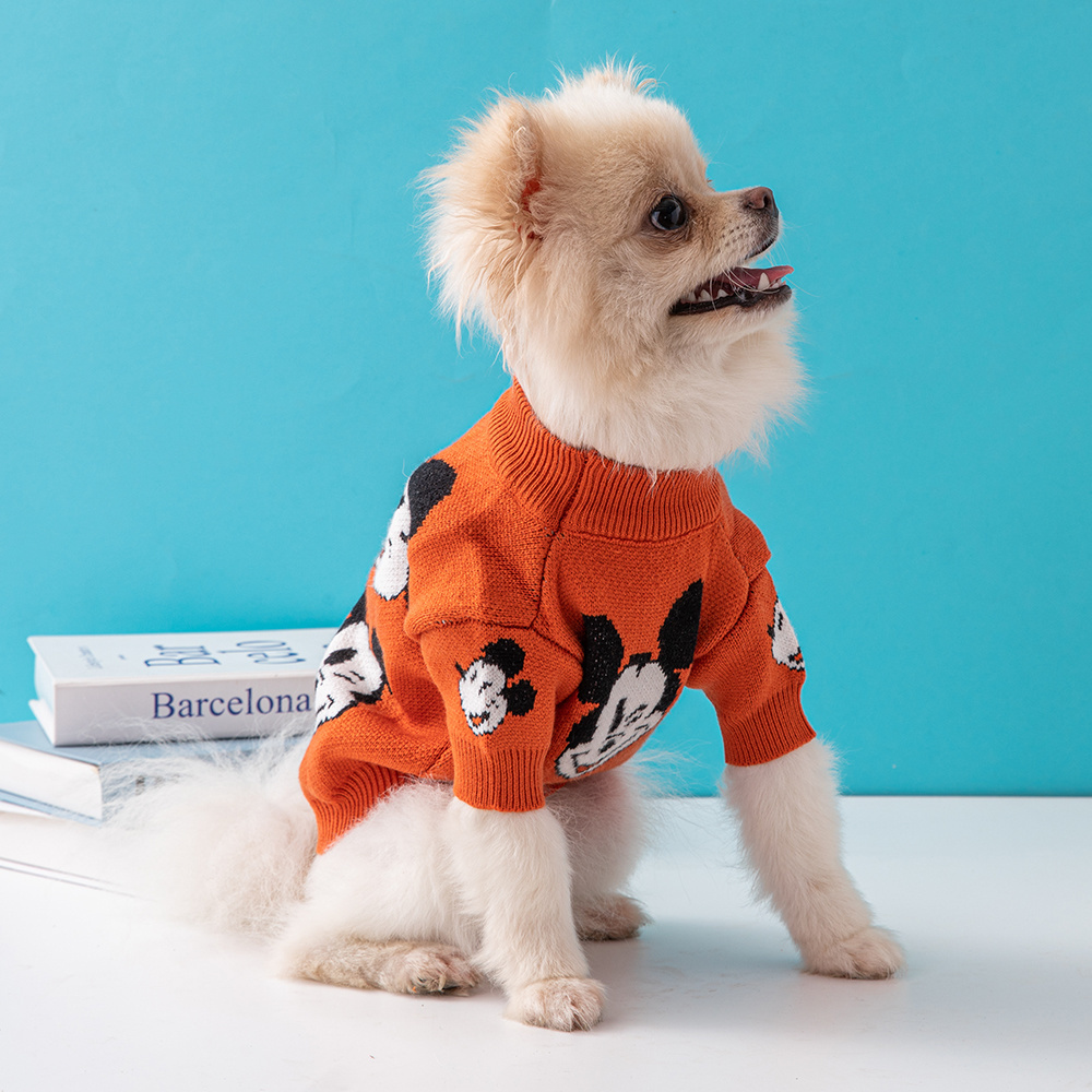 Playful Mickey Mouse DSNEY Pattern Knit Pet Sweaters in Vibrant Orange