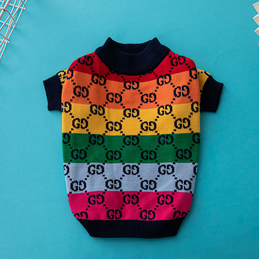 Rainbow Monogram Pattern Knit GG Pet Sweater with Bold Color Blocks