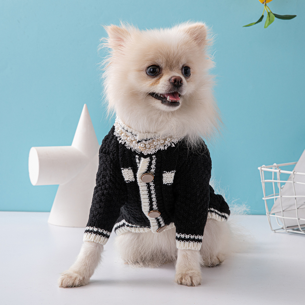 Chic Tweed-Style CCANEL Knit Pet Cardigans with Pearl & Contrast Trims