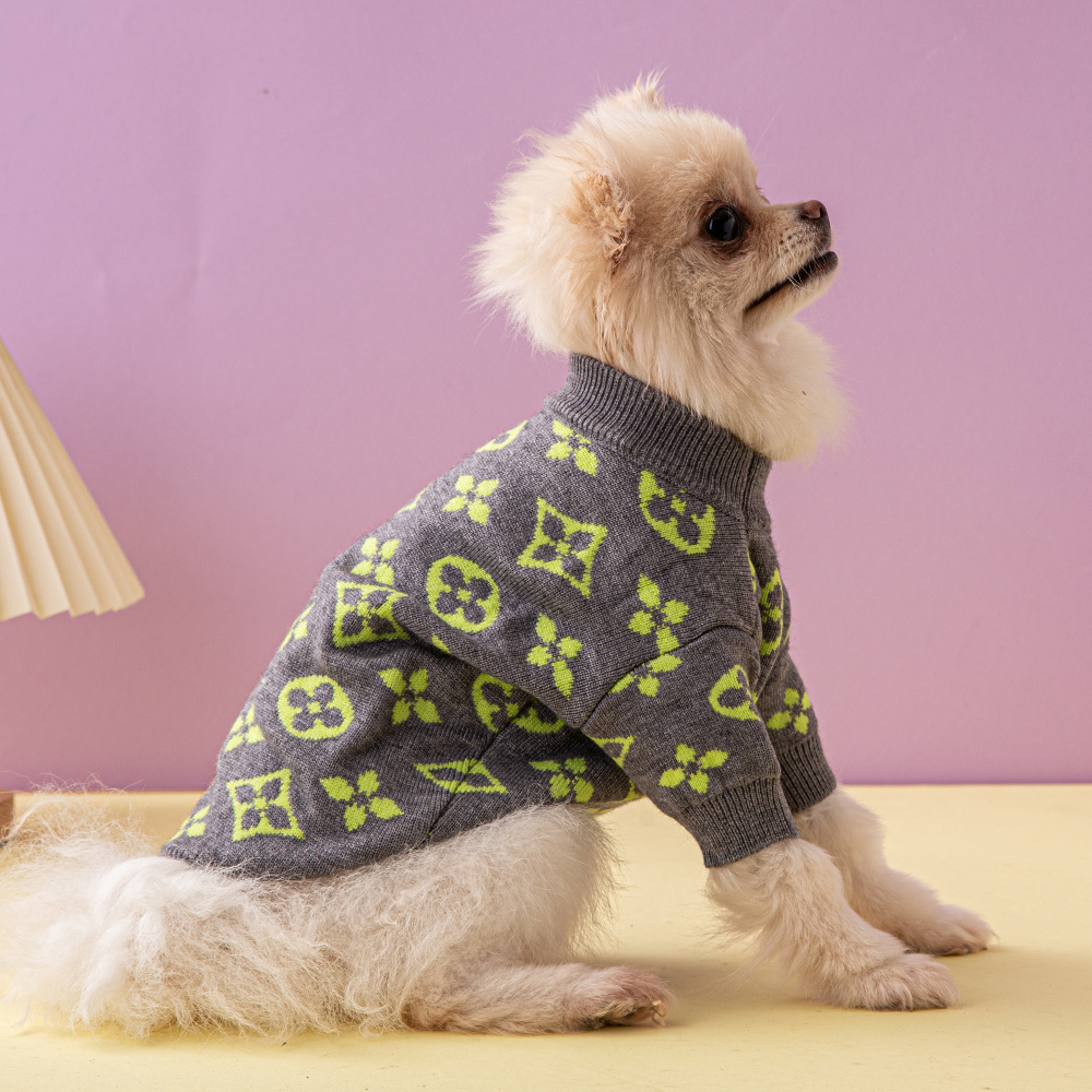 Vivid Patterned VV Knit Pet Sweaters in Gray-Lime and Orange-Orange