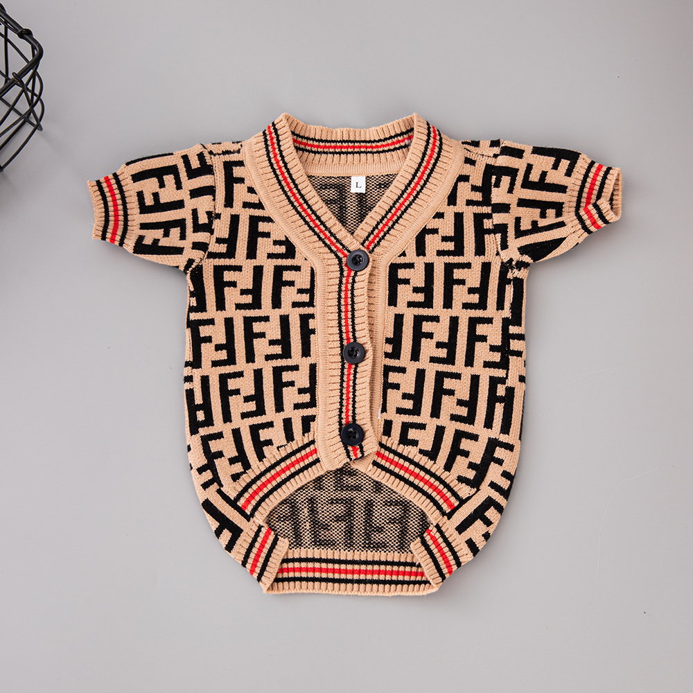 Luxury Monogram Pattern FFndi Knit Pet Sweaters in Brown-Black with Red Accents