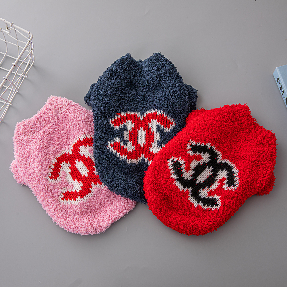 Plush Logo-Embroidered CCANEL Pet Sweaters in Pink-Red, Navy-Red, and Red-Black