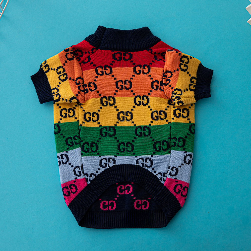 Rainbow Monogram Pattern Knit GG Pet Sweater with Bold Color Blocks
