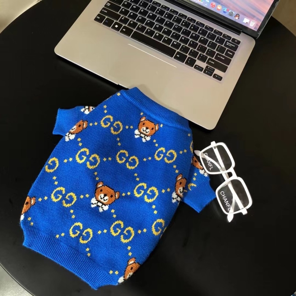 Playful Logo & Bear-Intarsia GG Knit Pet Sweater in Blue-Yellow