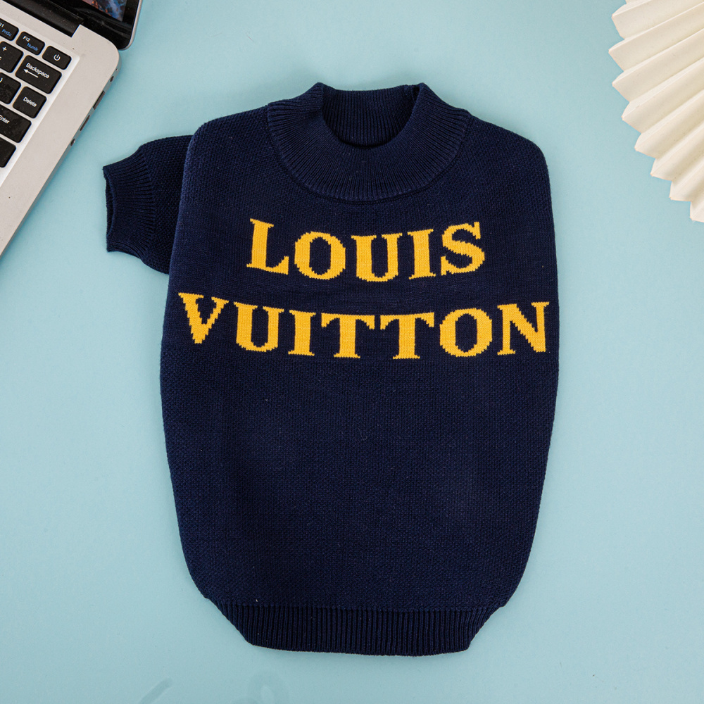 Fashionable Black Knit Pet Sweater with Bold Yellow VV Logo Print
