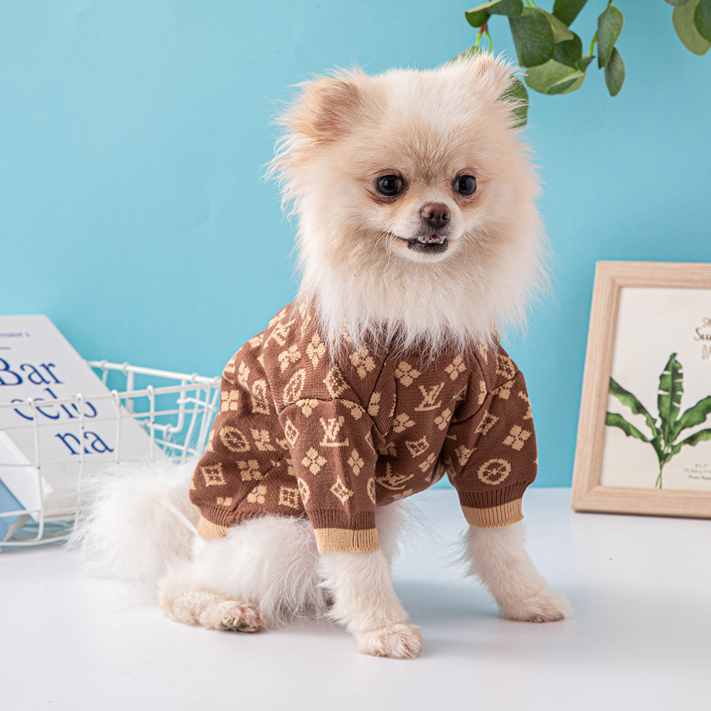 Elegant Monogram Pattern VV Knit Pet Sweaters with Distinct Trim Details in Brown-Beige Tones