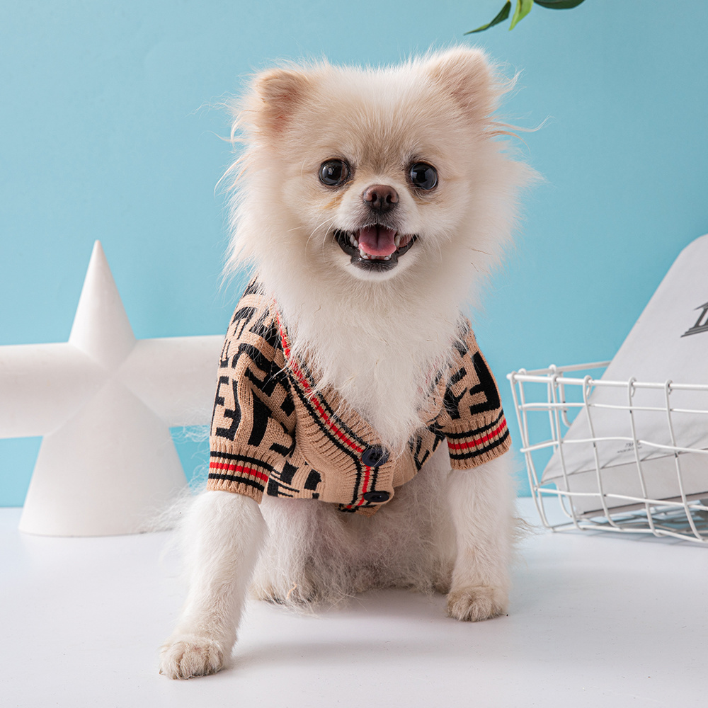 Luxury Monogram Pattern FFndi Knit Pet Sweaters in Brown-Black with Red Accents
