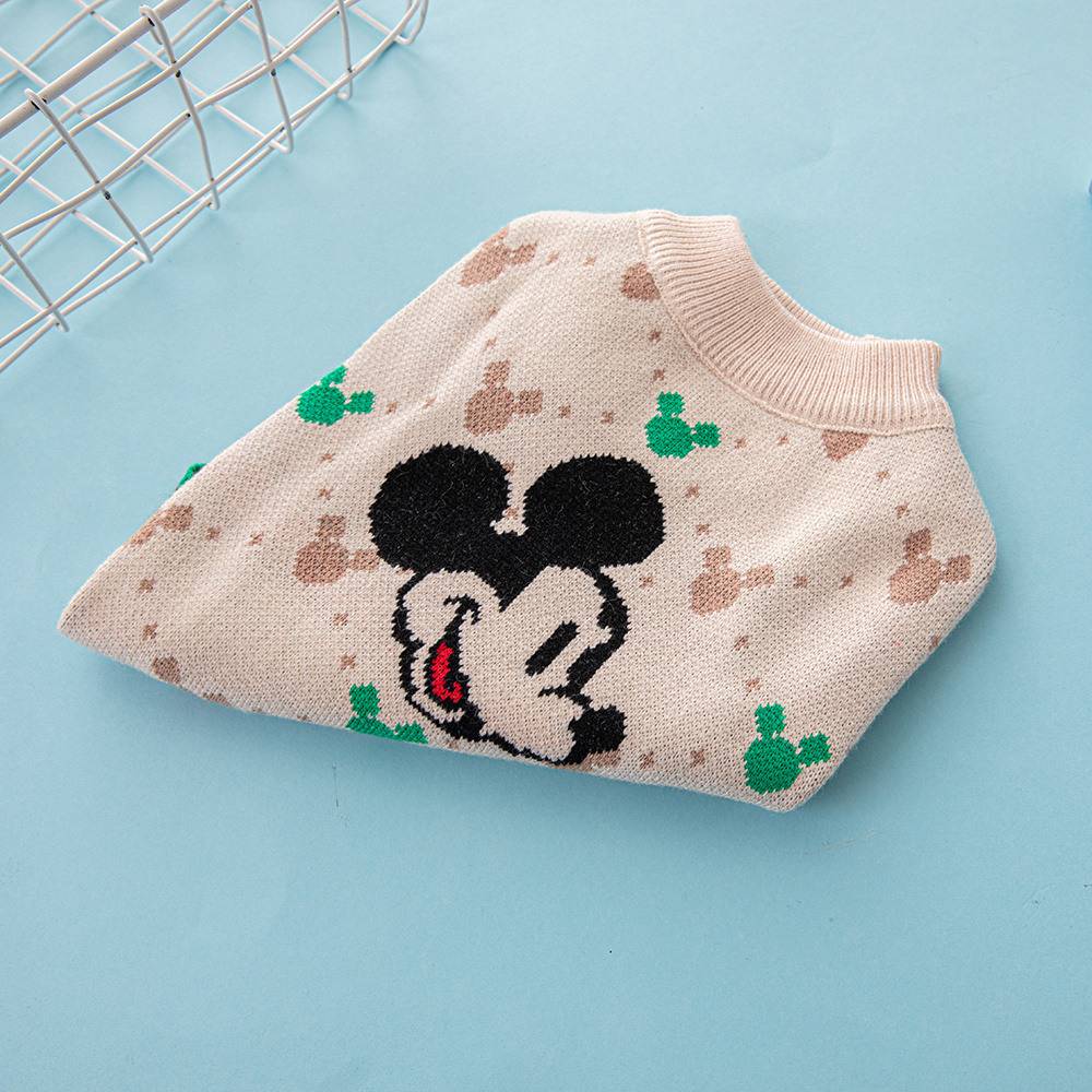 Cute Mickey Mouse Pattern Knit Pet Sweaters in Beige-Green and Red-Multi