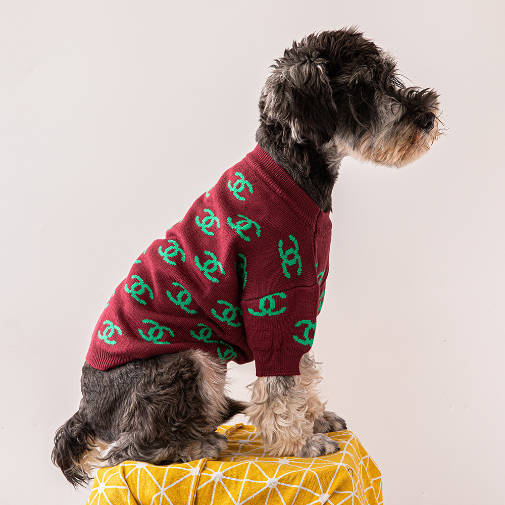 Chic Monogram-Embellished CC Knit Pet Pullovers in Maroon & Green