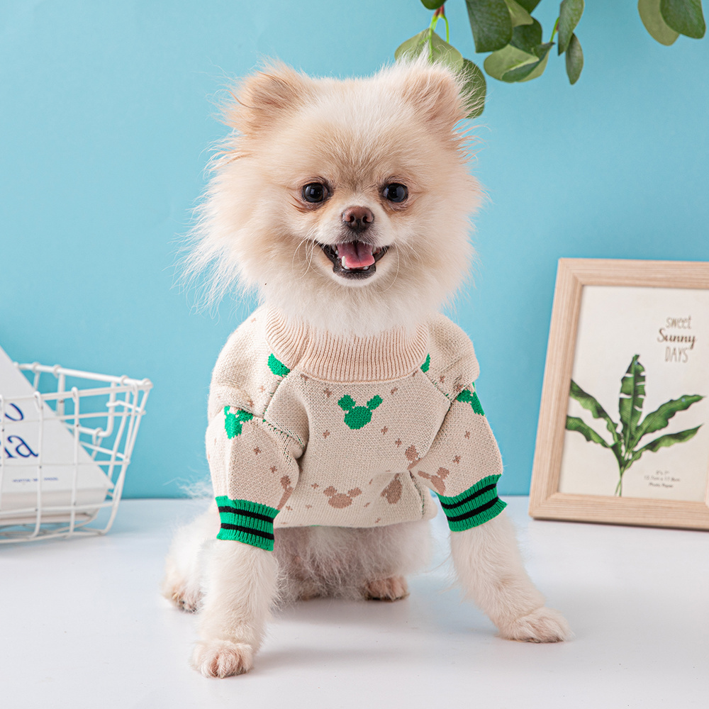 Cute Mickey Mouse Pattern Knit Pet Sweaters in Beige-Green and Red-Multi