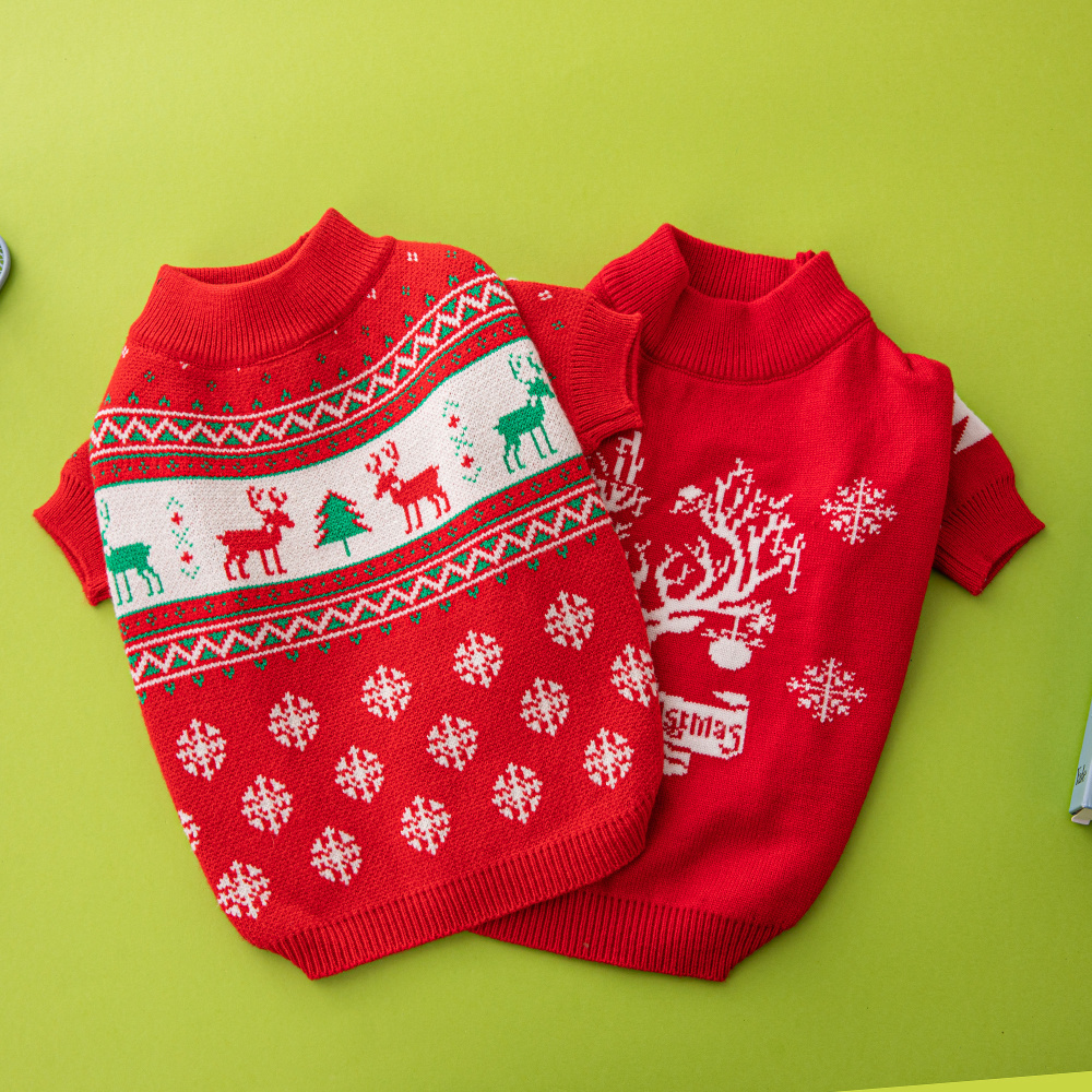 Festive Christmas-Themed Knit Pet Sweaters in Red with Holiday Motifs