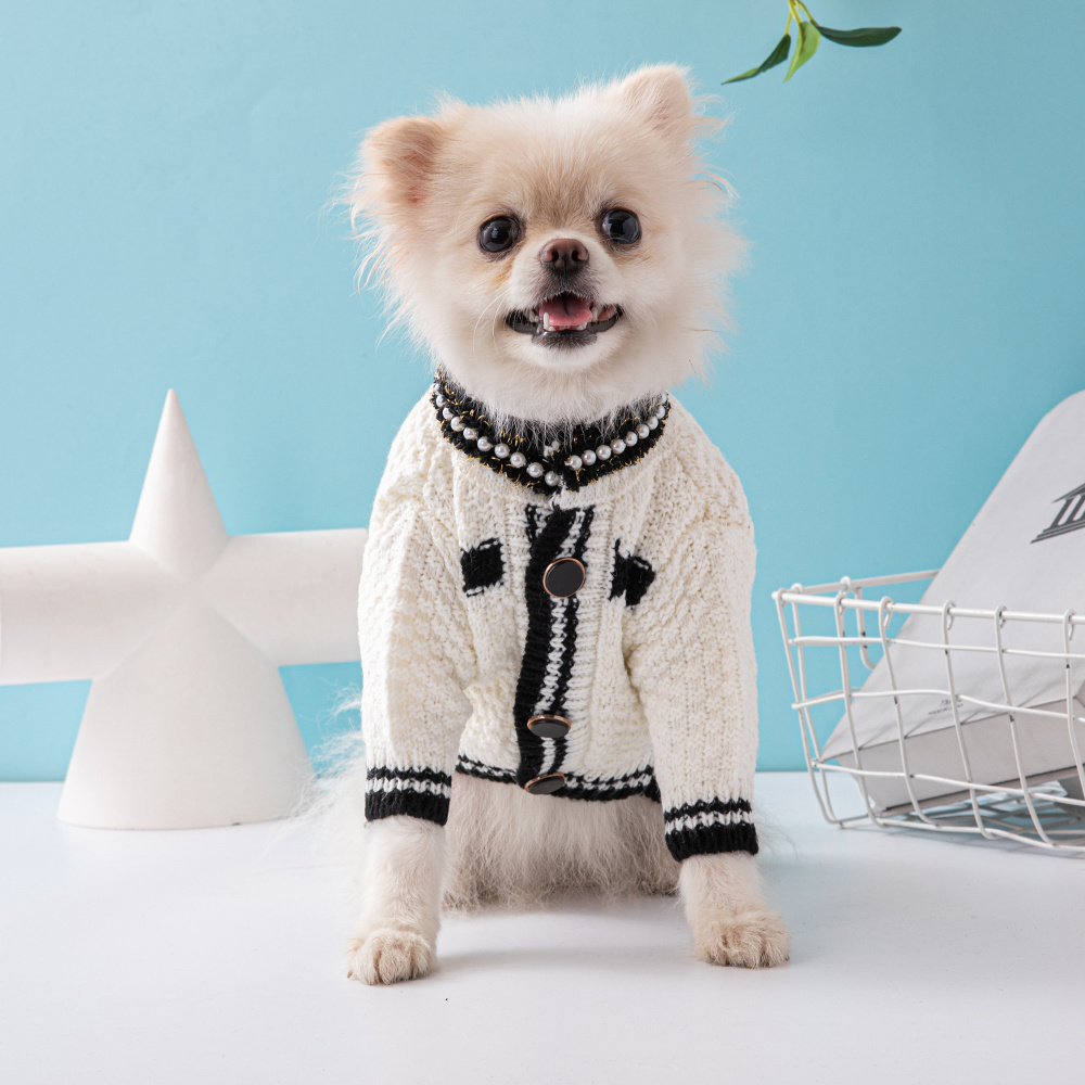 Chic Tweed-Style CCANEL Knit Pet Cardigans with Pearl & Contrast Trims